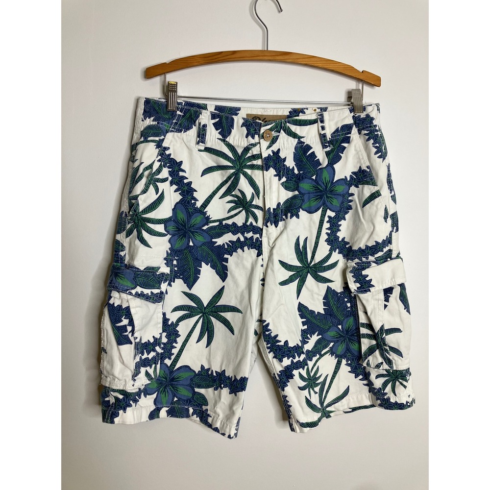Plugg Cargo Shorts Mens 32 White Blue Green Excellent Tropical Palm Floral